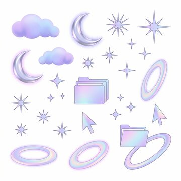Holographic 3D icon set featuring pastel stars, clouds, moons, computer folders, mouse cursors, and iridescent rings isolated on a plain white background.