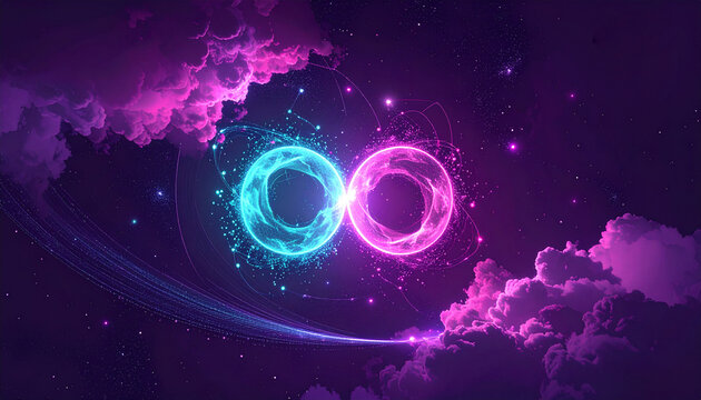 Quantum entanglement visualization with cyan and magenta particle pairs connected by energy threads on dark purple-black. Probability clouds and particle trails. Top right and bottom left copy space.