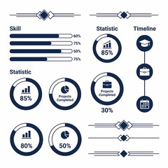 Infographic illustration showcases skills, statistics, and timelines for project management and data analysis in a professional setting.