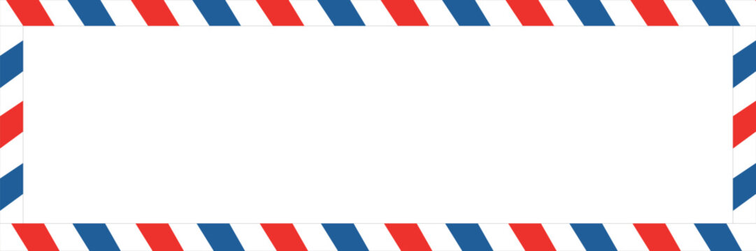 Airmail envelope frame with blue and red stripes on white background. International vintage letter border. Retro air mail postcard. Blank envelope.