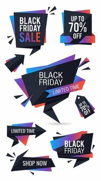 Black Friday sale event with colorful discount labels and arrows