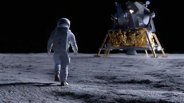 An astronaut explores the lunar surface, approaching a spacecraft, demonstrating the marvel of human space exploration and the vastness of the moon's terrain.