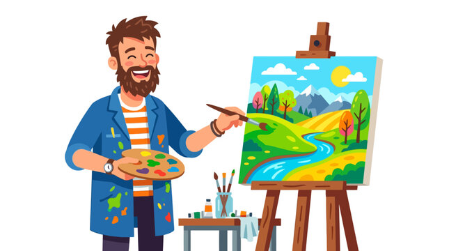Happy bearded male artist holding a colorful paint palette in a messy blue smock, cartoon character illustration isolated on white