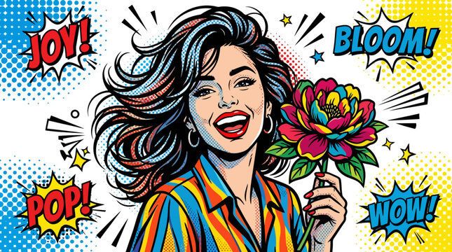 Pop art comic book illustration of woman with dark hair and speech bubbles saying joy and pop on blue halftone background
