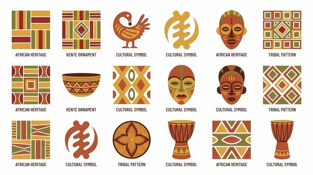 African heritage illustration set featuring cultural symbols and tribal patterns