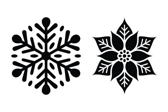 Winter snowflake and poinsettia flower silhouette icons with snowflake, poinsettia
