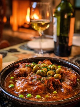 Traditional Maltese rabbit stew garnished with capers and peas served with a glass of wine inside a cozy stone cottage, illuminated by warm evening light.