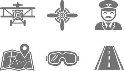 A collection of six grey aviation-themed featuring a biplane, propeller, pilot, map, goggles, and an airport runway © Anjuman_42