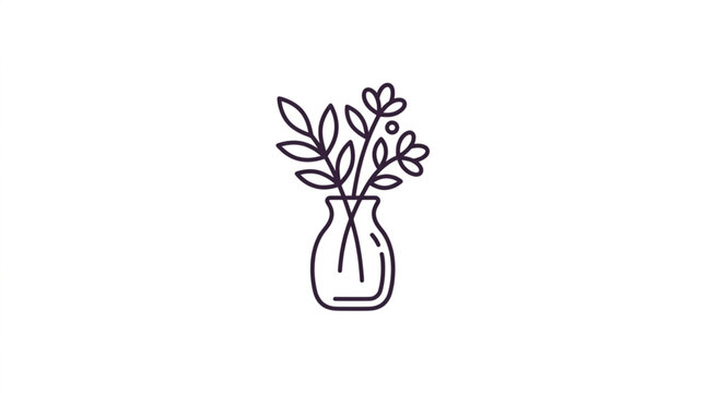 Minimalist line art drawing of a small vase with delicate flowers and leaves.
