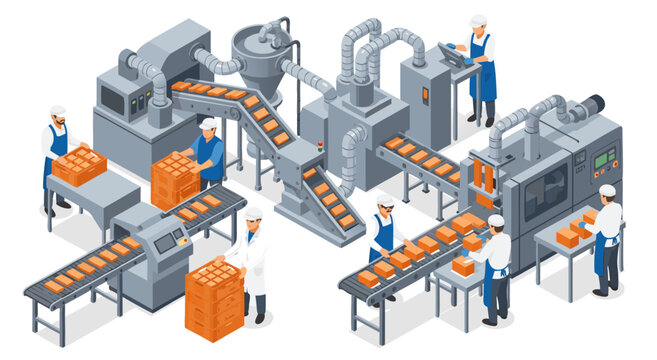 Modern food production factory process, vector illustration of an automated manufacturing plant