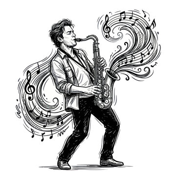 Musician Playing Saxophone with Musical Notes Illustration