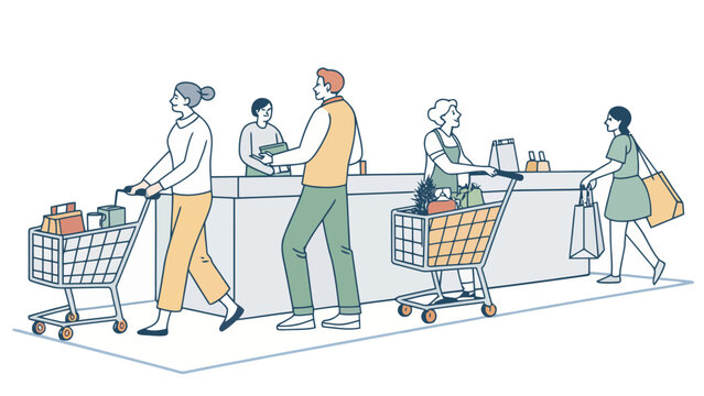 People shopping in a supermarket queue at the checkout counter illustration with supermarket shopping checkout customers commerce transaction business purchasing lifestyle consumer activity