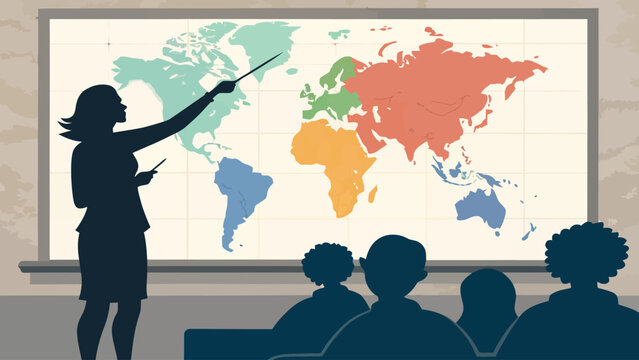 Female teacher pointing at world map in classroom setting with classroom geography education learning pointing instruction presentation academic knowledge diversity instructor silhouette