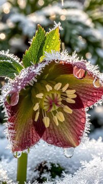 Frosty hellebore flower in winter garden.