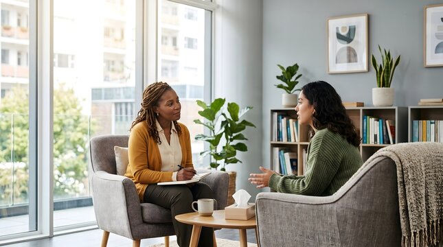 Professional female therapist listening carefully to young woman during mental health counseling session.