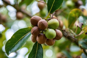 Fototapeta premium Macadamia nut cluster ripening on a leafy branch in an orchard macro shot with creamy bokeh for agricultural and healthy food marketing