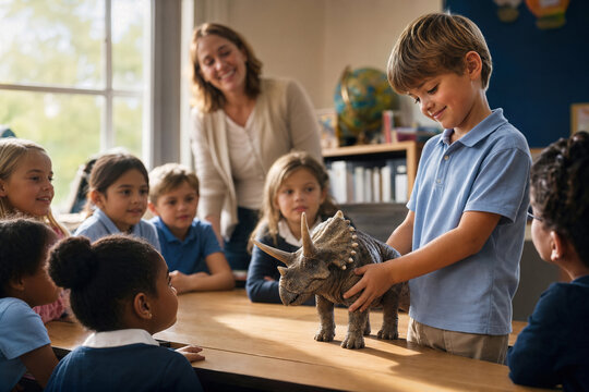 School show-and-tell with a student proudly presenting a tiny pet dinosaur in the classroom.