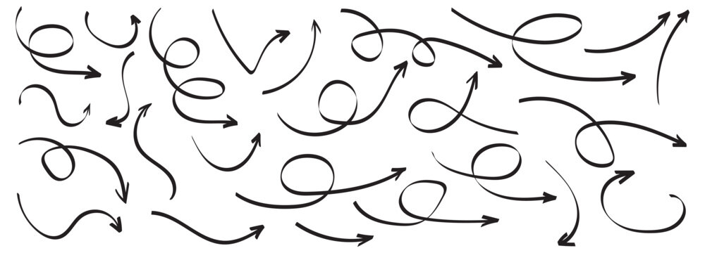 Collection of hand drawn doddle arrow set. Set of brush stroke of curly arrow collection. Sketch curved arrows design.