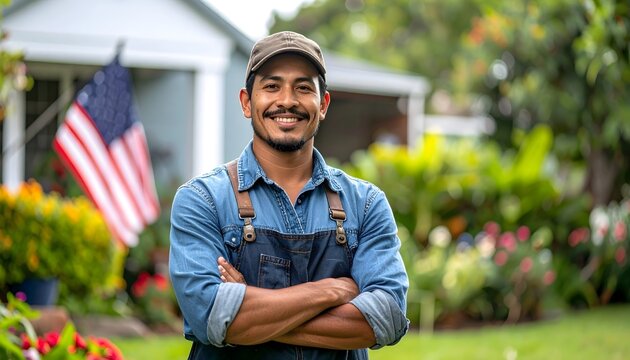 Hombre jardinero sonriendo con delantal en un jard&iacute;n residencial con plantas y bandera al fondo