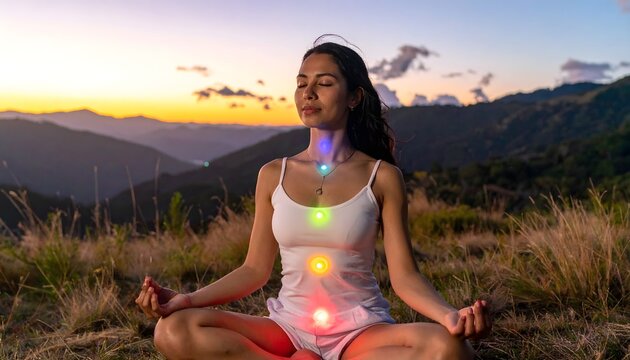 Mujer meditando al aire libre en postura de loto con luces de chakras sobre el cuerpo al atardecer