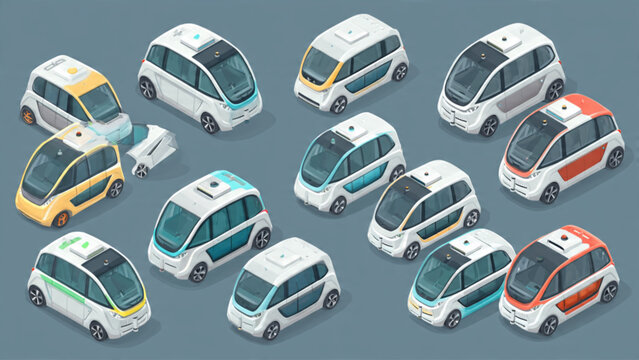 Set of modern autonomous electric shuttle vehicles in diverse colors on gray background