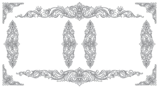 Ornate Scrollwork Border Elements: Vintage Decorative Flourishes and Corner Accents
