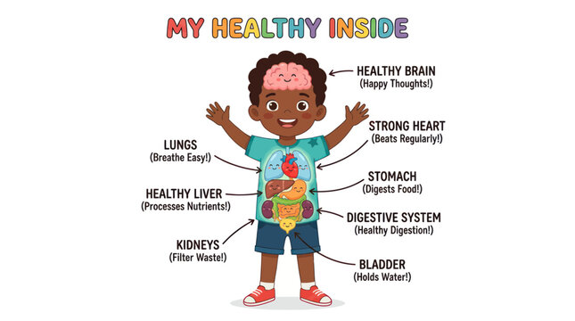 Illustration of a child's internal organs and their healthy functions, educational concept