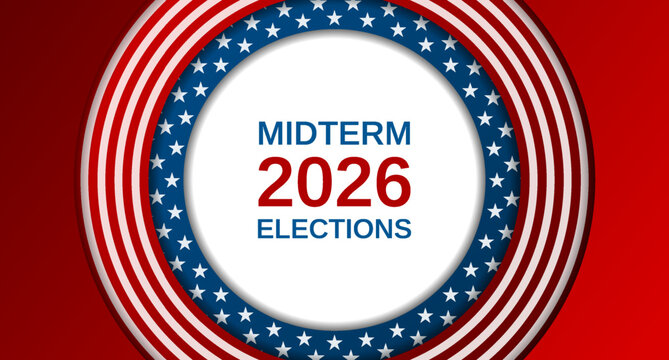 Abstract concept background with layered red white and blue starry and striped circles for USA 2026 midterm elections political campaign. USA flag colors vector design