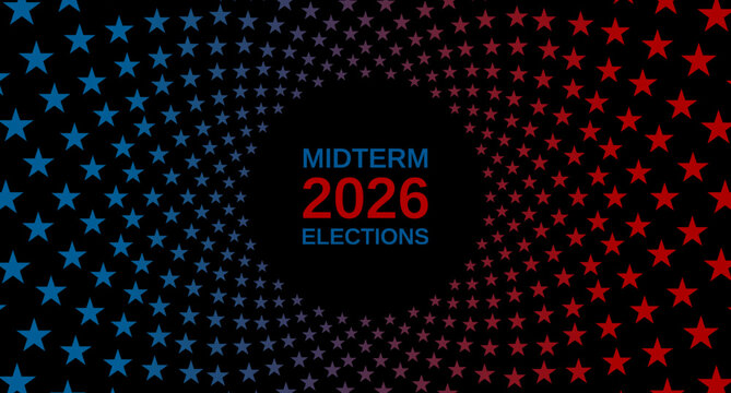 USA 2026 midterm elections patriotic dark vortex background with red and blue stars. American style vector design