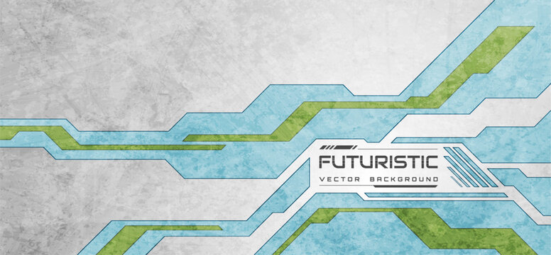 Abstract futuristic tech background with blue and green geometric shapes on grunge concrete texture. Vector modern gaming or cyberpunk graphic design