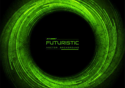 Bright green minimal circular vortex lines abstract futuristic tech grunge background. Geometric glowing concept vector design
