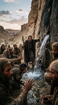 Miraculous desert sustenance: Moses lead, Israelite quench, divine provision, wilderness journey, strike rock, water flow, Rephidim location, Mount Horeb, God command, staff instrument.