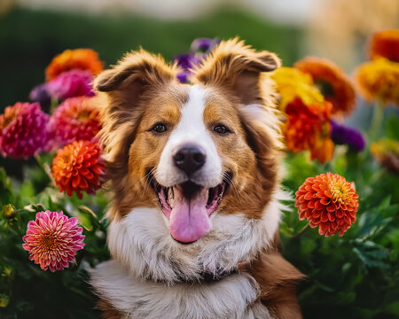 Ein Hund springt durch bl&uuml;hende Blumen