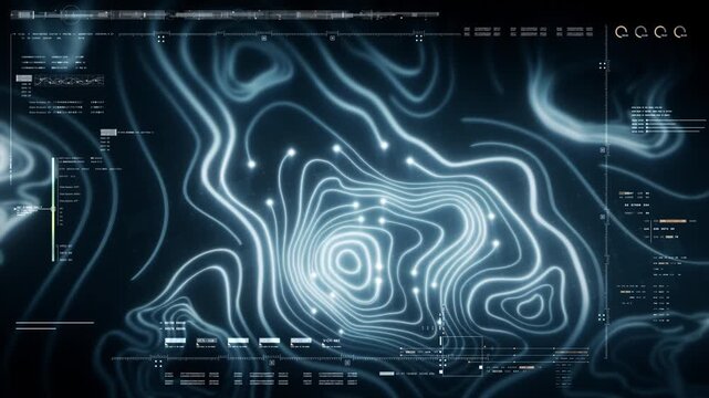 Futuristic digital topographic map HUD with glowing neon contour lines, abstract 3D terrain visualization, modern data technology and cyber landscape concept