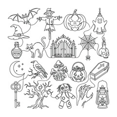 Naklejka premium Halloween line art collection featuring bats, scarecrow, pumpkins, and haunted elements