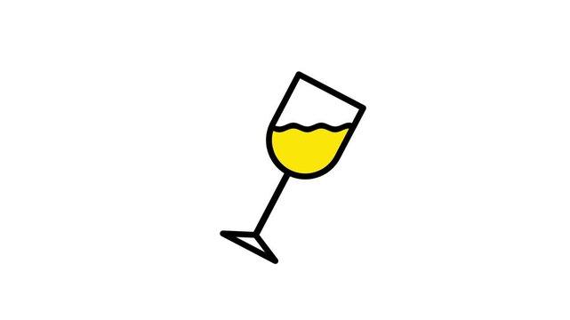 A single elegant wine glass with golden liquid inside, depicted in a minimalist black outline flat design on white background
