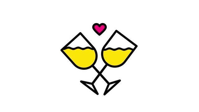 Two golden wine glasses clinking together with a pink heart above them, symbolizing celebration, love, and romantic toasting moments