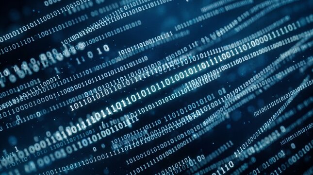 Abstract digital stream of binary code flowing through a futuristic blue matrix