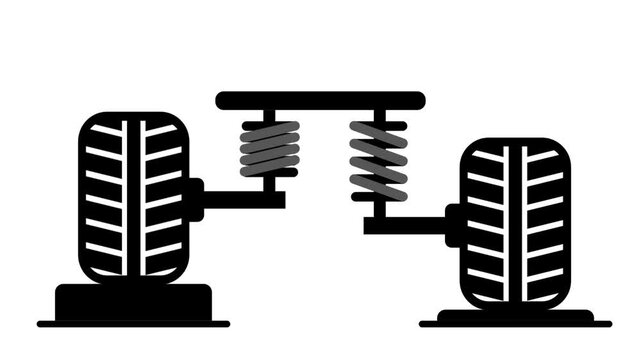 Two coil springs with two car tires arranged symmetrically, depicting a dual automotive suspension and wheel assembly for vehicle chassis