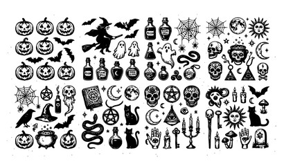 Obraz premium Halloween Black and White Magic Sketch Elements Vector Set