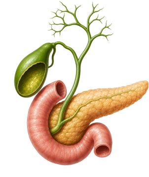 Human biliary tree system featuring gallbladder, bile ducts, pancreas, and duodenum.