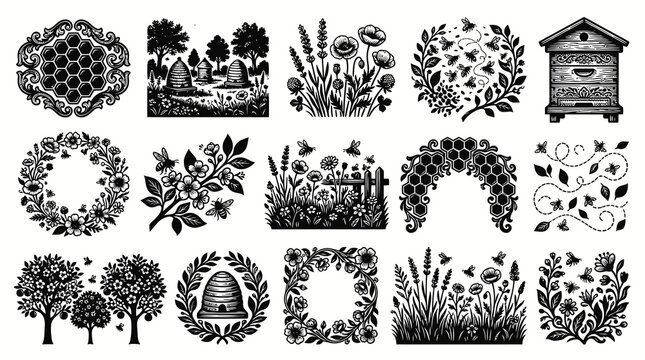 Vintage Black  White Line Art Beekeeping  Nature Vector Set with Bees, Beehives, Flowers, Honeycomb