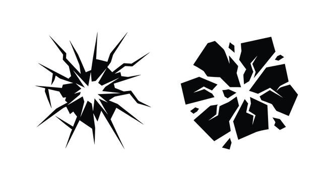 shattered glass effect in black silhouette fragmented broken crack damage vector graphic icon symbol destruction impact