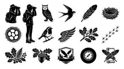Obraz premium Black and White Vector Icons of Birds, Feathers, Nests, and Nature Elements