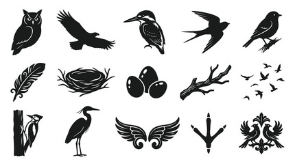 Naklejka premium Bird Silhouettes Icon Set: Owl, Eagle, Kingfisher, Nest, Eggs, Feather, Woodpecker, Crane, Wings, Footprint, Birds Flock, Ornithology Graphics