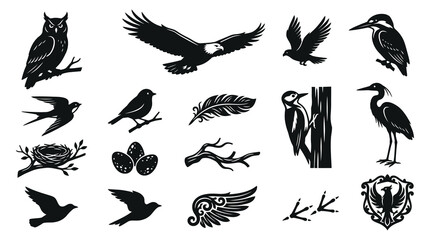 Obraz premium Nature Wildlife Avian Birds and Elements Black White Silhouette Vector Icons Set
