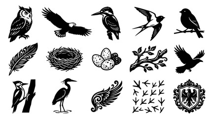 Obraz premium Black and White Bird Icons: Owl, Eagle, Nest, Feathers, Footprints, Crest