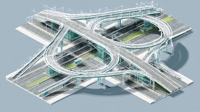 Modern complex freeway interchange with looping ramps and roads in an urban setting