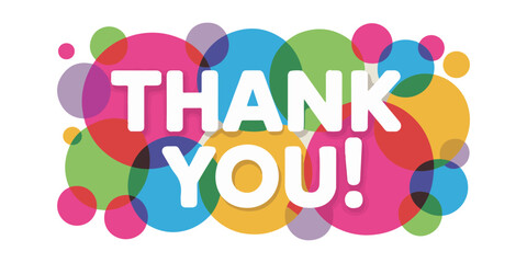 Colorful thank you greeting card with vibrant overlapping circles on transparent background vector design. © Sen