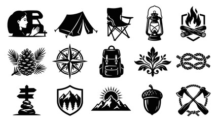 Fototapeta premium Black and White Glyph Icons Set for Outdoor Camping and Nature Adventure